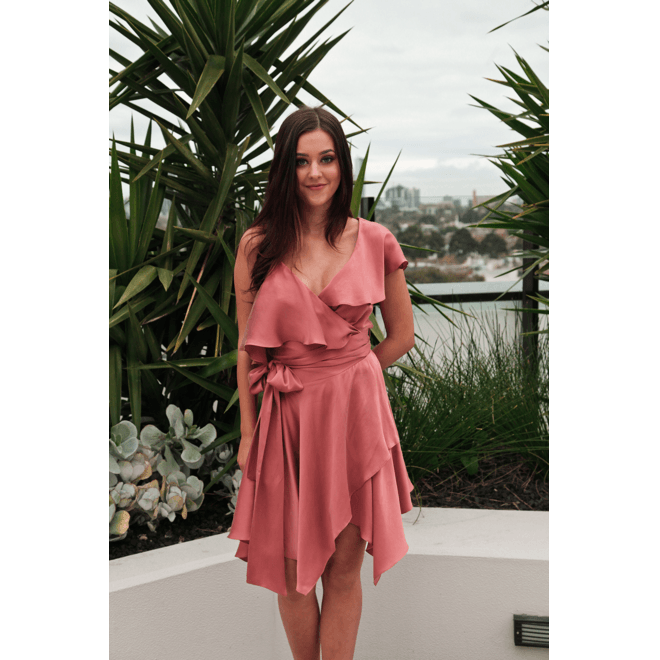 Sueded Asymmetric Wrap Mini Dress Rose